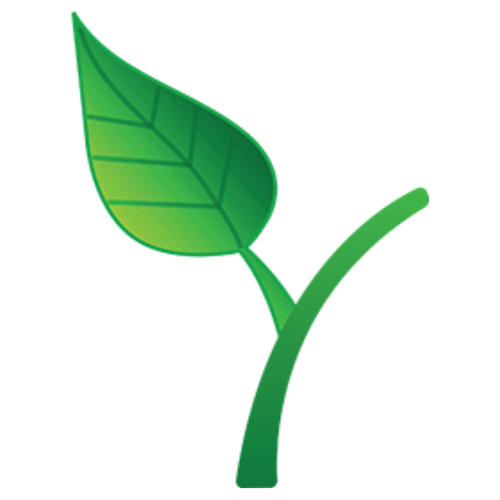 A stylized graphic of a green leaf on a slender stem, depicting a clean and simple design with visible leaf veins, set against a transparent background.