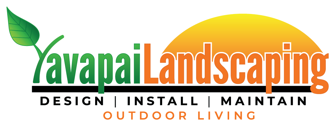 Logo of Yavapai Landscaping featuring stylized text with a green leaf, beside a graphic of an orange sun setting over a landscape, emphasizing their services: design, install, and maintain