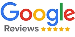 The image shows the Google logo with the word "Reviews" below it, followed by five gold stars, indicating a five-star rating system.