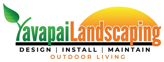 Logo reading "Yavapai Landscaping" with a green leaf above the 'Y' and a sun setting behind "Landscaping." Below, the words "Design," "Install," "Maintain" are separated by vertical lines. "Outdoor Living" is in orange.