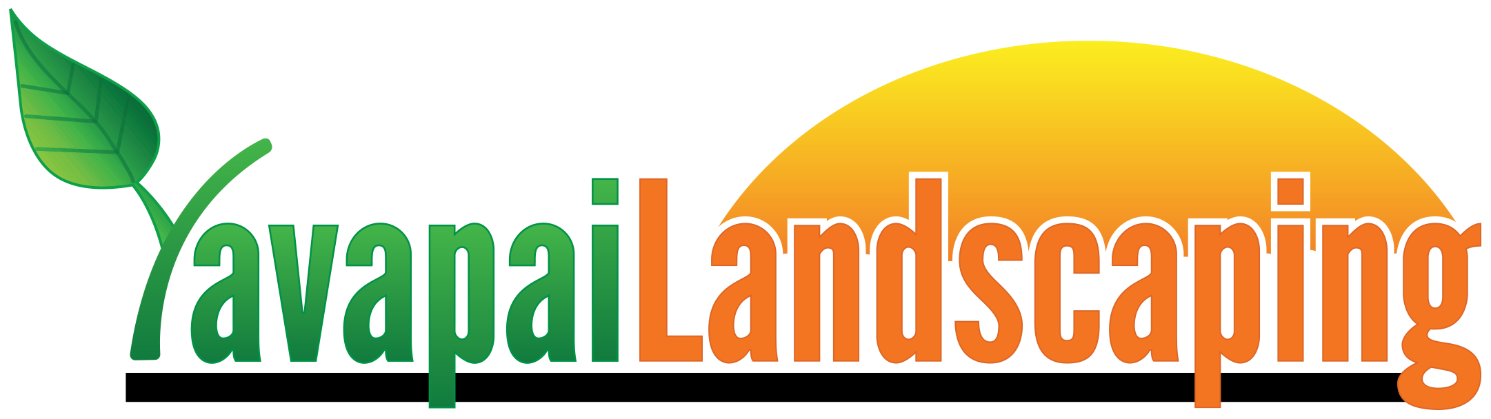 Logo for yavapai landscaping featuring a stylized orange sun setting behind green text, with a singular green leaf attached to the first letter of the default kit.