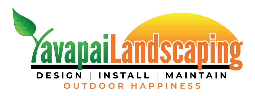 Logo for Yavapai Landscaping featuring a stylized orange sun setting behind green hills, with a green leaf, and the words "design | install | maintain" in the main footer under