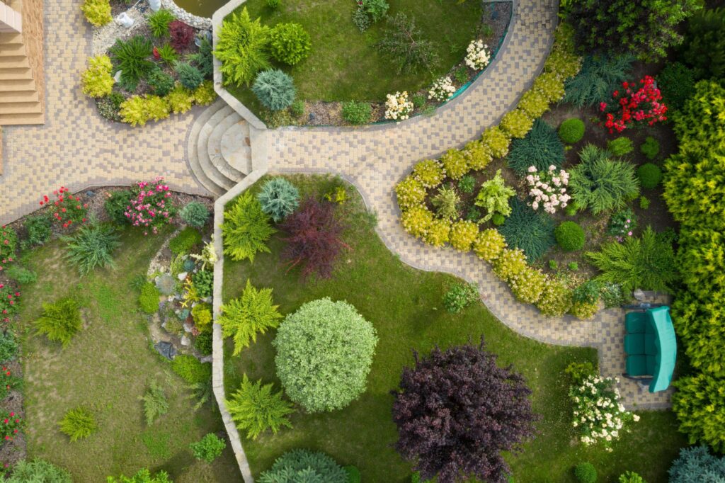 Expert landscape Design, Garden with walkways and green grass. Photo taken from above drone in prescott, AZ