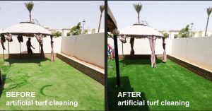 Before and after view of a garden area, showcasing the effectiveness of artificial turf cleaning within creative and unique landscape designs, with the left side displaying the turf pre-cleaning and the right side showcasing its vibrant