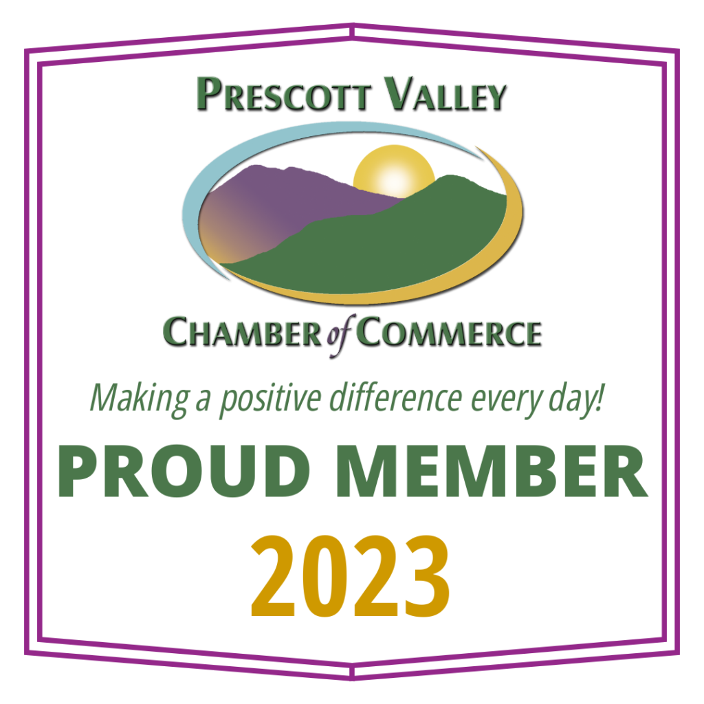 Proud member badge of the Prescott Valley Chamber of Commerce for the year 2023, emphasizing commitment to making a positive difference every day.