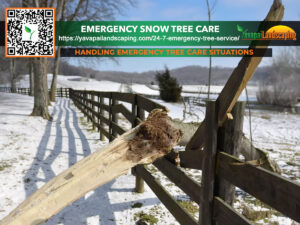 Broken wooden fence with damaged tree limb due to heavy snow, highlighting emergency tree care services by a landscaping company.