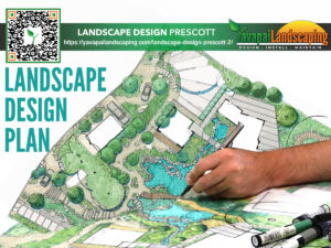 A landscape architect finalizes a colorful garden design plan with annotations and a website link for a landscaping company in the background.