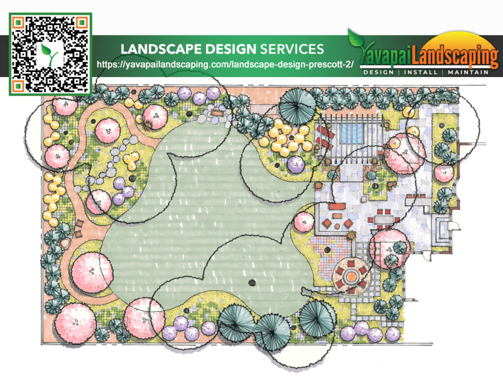 A colorful landscape design plan featuring various plant species, hardscape elements, and a qr code linking to landscaping services.