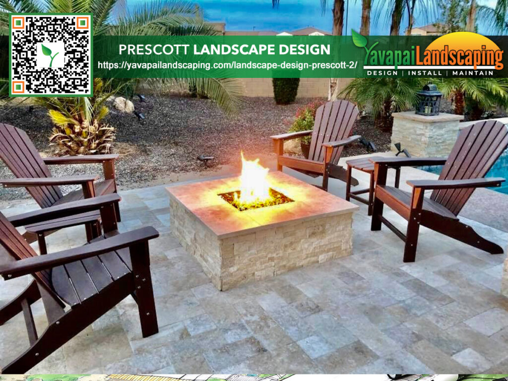 A cozy evening gathering spot featuring a square stone fire pit surrounded by wooden adirondack chairs on a beautifully landscaped patio, complete with a qr code and website link for prescott landscape design services.