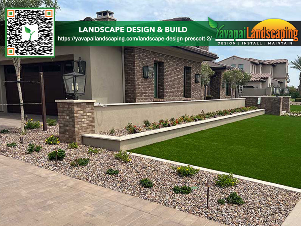 Modern residential landscape design featuring neatly trimmed lawn, decorative pebbles, and a well-maintained garden bed against the backdrop of a stylish suburban home.