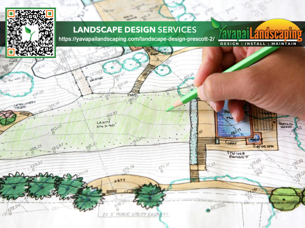 Hand pointing at a detailed landscape design plan with annotations and a business advertisement for landscape design services in the corner.