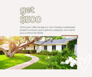 A promotional offer for a landscaping referral program featuring a lush, well-manicured garden in front of a cozy white house, with a headline incentivizing a $500 reward for referrals that lead to a new project contract and deposit.