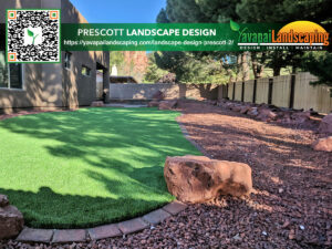 A neatly landscaped backyard with artificial grass and decorative stones, featuring a business advertisement for landscape design services.