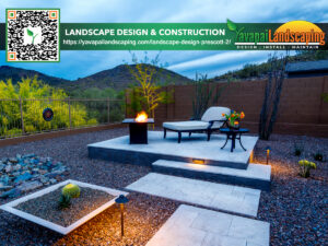 A nocturnal view of a modern backyard with fire pit, seating area, and decorative plants under a starlit sky, showcasing an elegant outdoor landscape design.