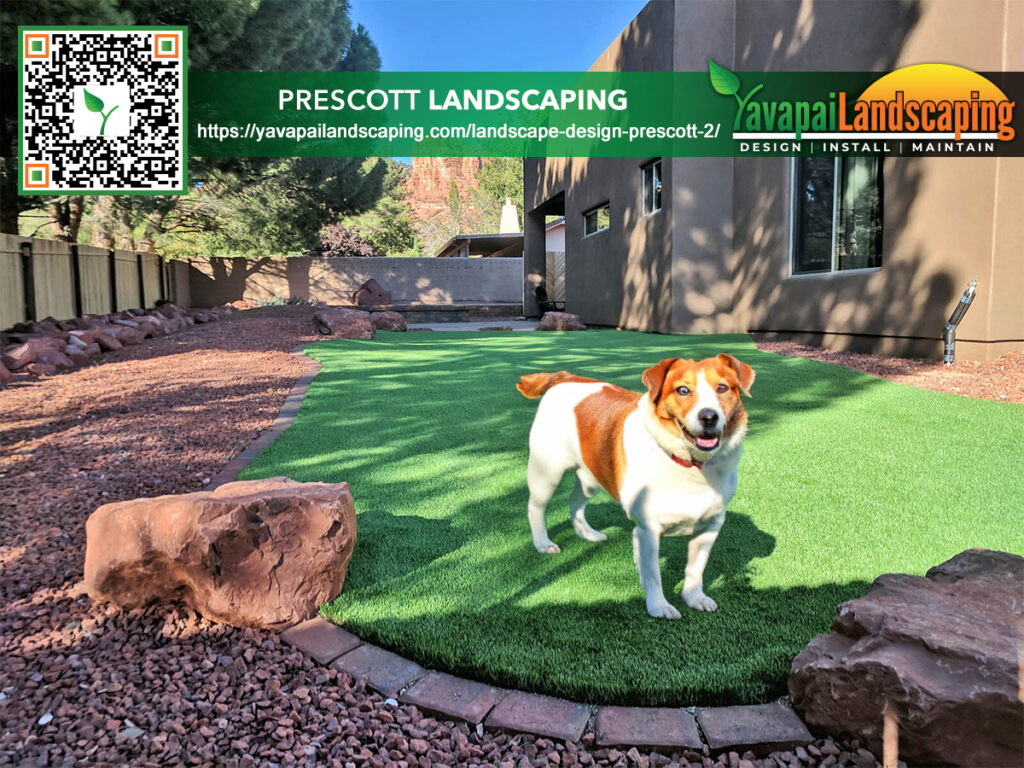 A cheerful dog enjoying the outdoors in a well-maintained backyard featuring artificial grass, with landscaping business promotion in the foreground.