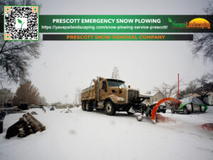 A snow plow in action, clearing a road in a winter setting with a promotional banner for prescott snow removal company above.