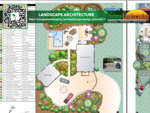 Landscape architecture plan featuring a residence with surrounding garden areas, a pool, and various landscape elements, alongside promotional and contact information for a landscaping company.
