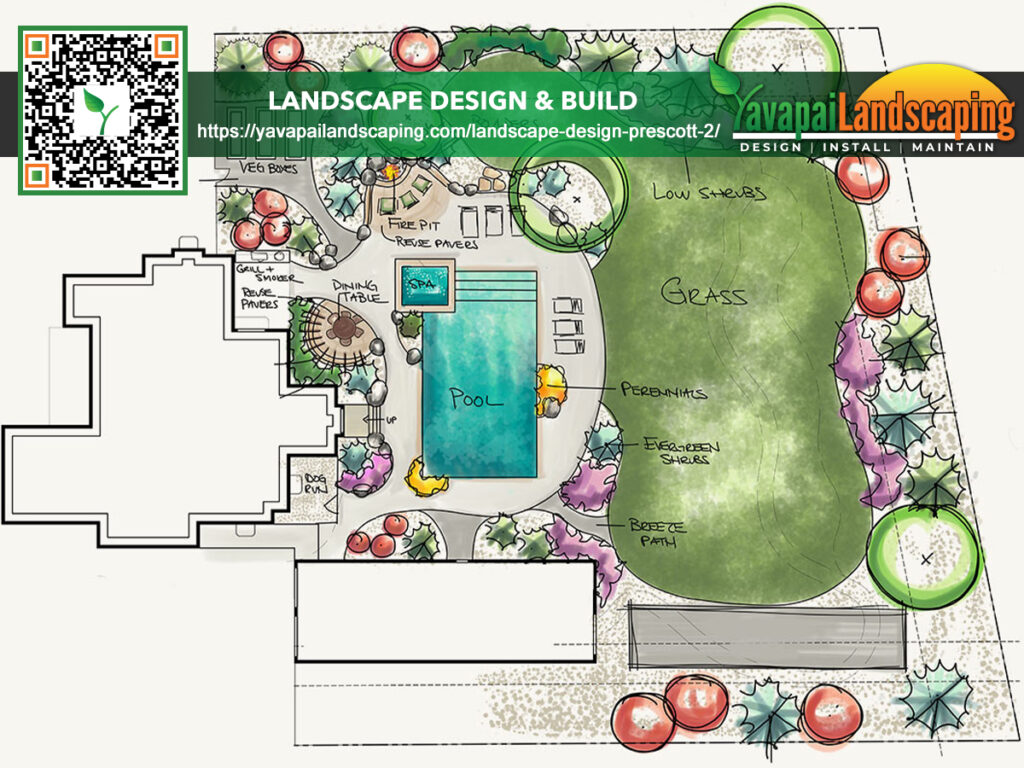 Landscape design plan featuring a central pool, lush greenery, and a variety of plants with a qr code for company details.