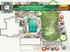Landscape design plan featuring a central pool, lush greenery, and a variety of plants with a qr code for company details.