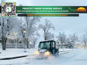 A snow plow clearing a residential street after a winter storm, with frosted trees and cozy homes in the backdrop, advertisement for prescott snow plowing service by yavapai landscaping.