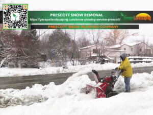 A person operating a snowblower to clear a thick layer of snow from a residential sidewalk, with snowy trees and houses in the background, accompanied by an advertisement for a snow removal company in prescott.