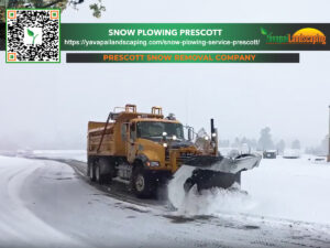 A snowplow truck clearing a road during a snowfall, with information about a snow removal service in prescott displayed on the image.
