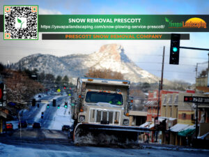 A snow plow clears the road in a wintry prescott cityscape, with the company's advertisement and a qr code for their snow removal services prominently displayed.