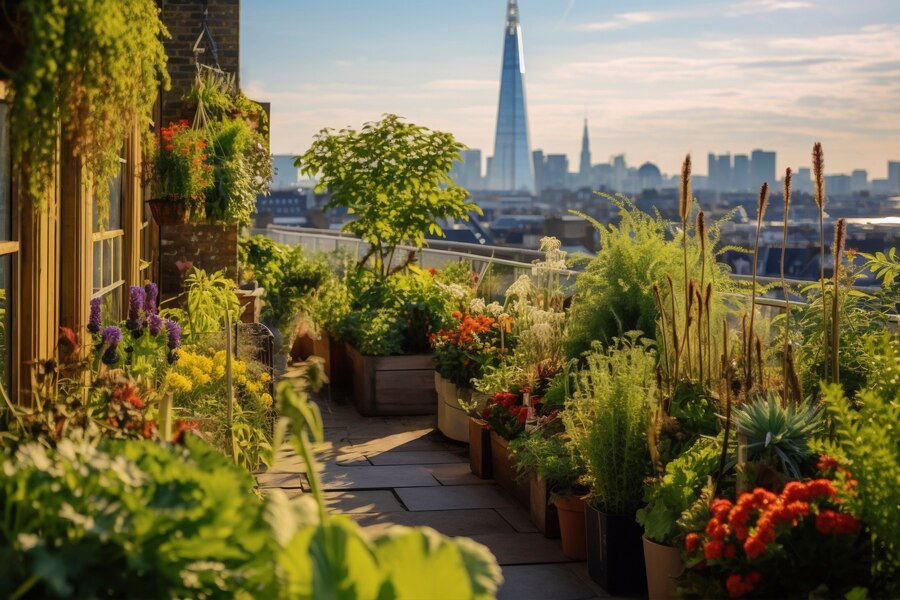 A serene rooftop garden oasis with a collection of lush plants and flowers basking in the golden hour sunlight, with the sharp silhouette of an iconic skyscraper piercing the skyline in the background.