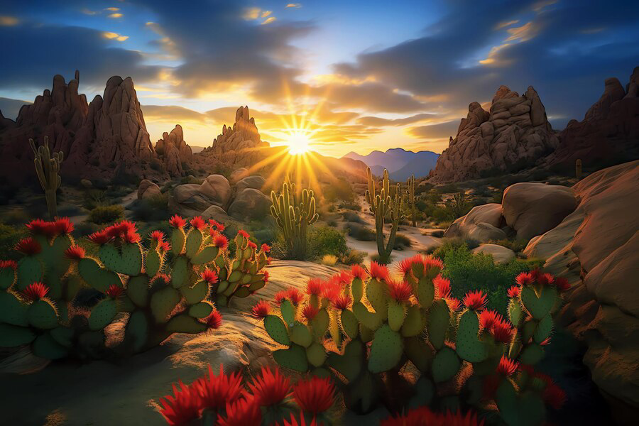 A radiant sunset piercing through the rugged silhouettes of a drought-tolerant landscape, illuminating vibrant cacti and casting a warm glow over the rocky terrain.