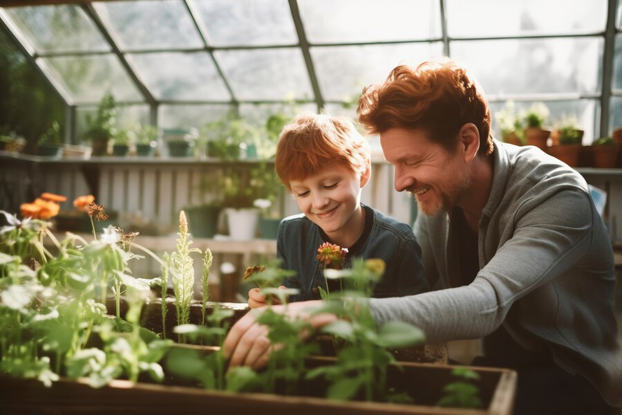 A joyful moment of bonding as a parent and child choose the right plants and nurture them together in a sunlit greenhouse.