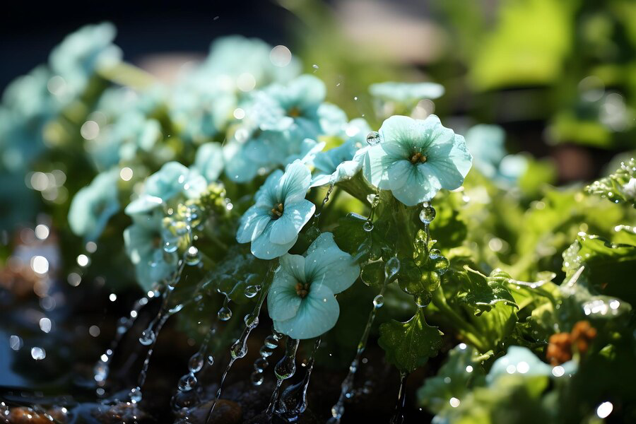 A cluster of vibrant blue flowers, the right plants kissed by water droplets, basking in the warm sunlight.