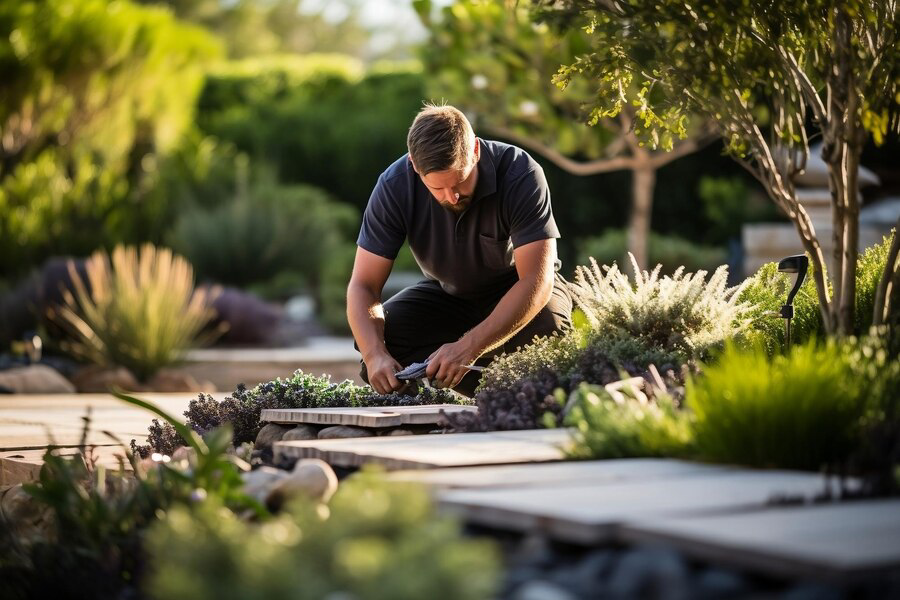 A man tends to garden plants, carefully nurturing the greenery on a serene and sunny day.