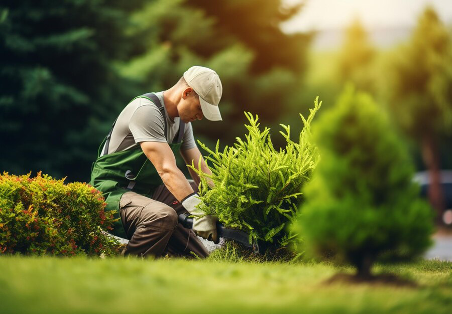 A gardener meticulously trimming and shaping shrubs in a lush green garden.