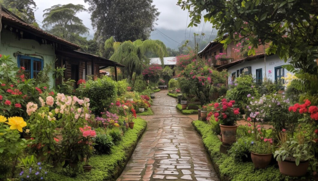 A serene cobblestone pathway flanked by lush, vibrant gardens outside quaint houses, with a backdrop of mist-veiled hills.