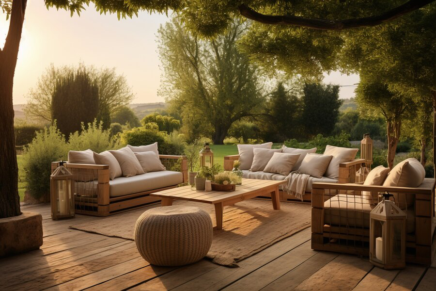 A serene outdoor living space bathed in the warm glow of a setting sun, complete with cozy seating and surrounded by lush greenery.