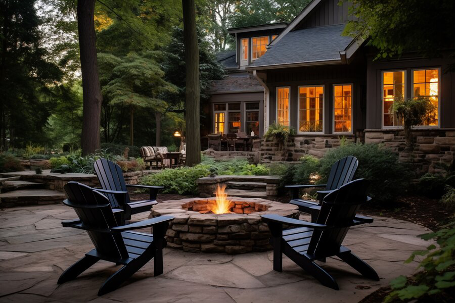 An inviting outdoor space featuring a backyard fire pit setup with comfortable chairs, lit by the warm glow of a home at dusk, nestled among serene trees.