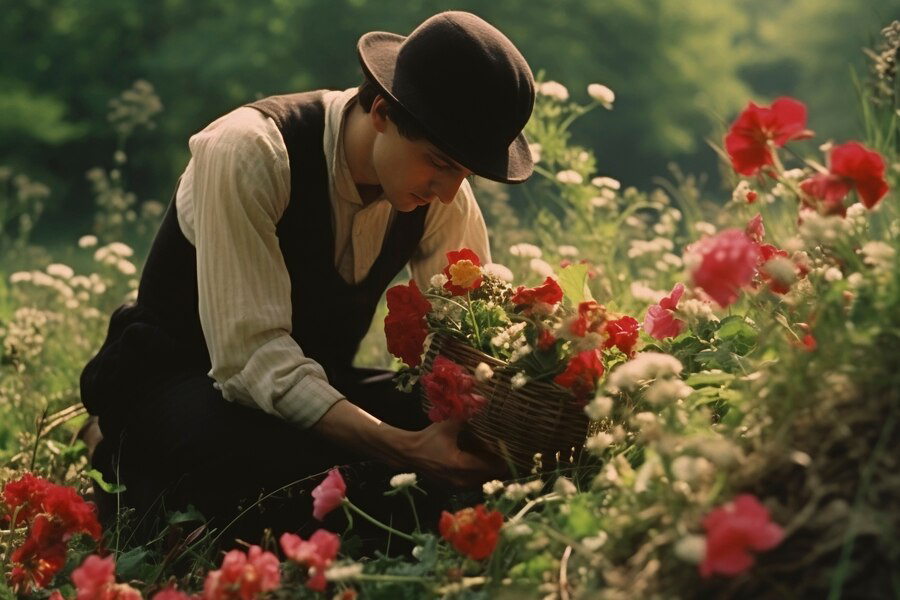 A serene moment captured as a person in vintage clothing tenderly tends to a basket of vibrant flowers in a lush garden.