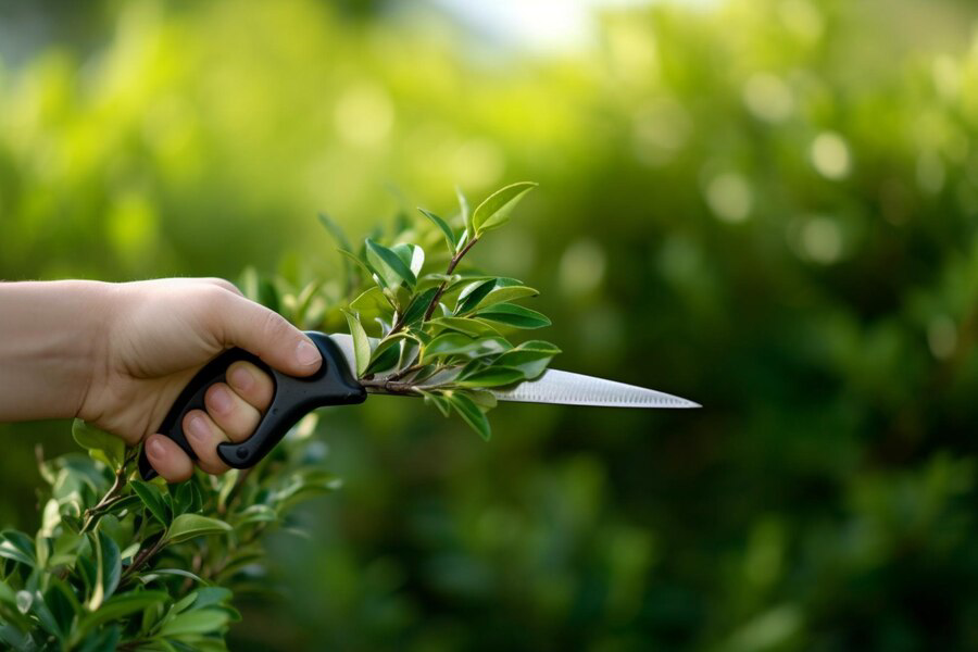 Gardening in action: a hand skillfully performs tree pruning on a green shrub with sharp shears on a sunny day.