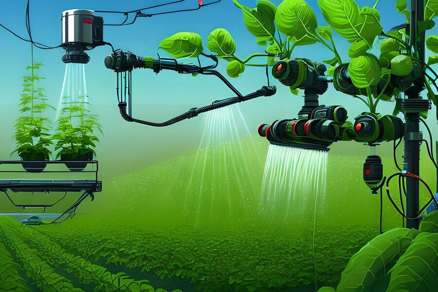 High-tech automated irrigation system watering plants in an indoor agriculture setup.