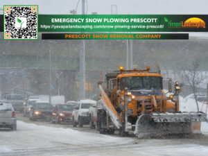 A snow plow at work on a snowy day, clearing the road for a line of traffic under falling snowflakes, with an informative advertisement for a snow removal company in prescott.