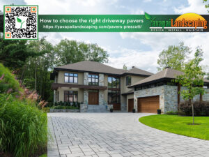 Modern house with a landscaped front yard and a paved driveway, featuring an advertisement for driveway pavers from yavapai landscaping with a qr code for more information.