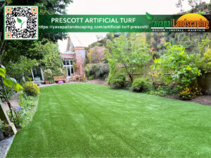 Beautifully manicured artificial turf lawn with vibrant landscaping and a charming house in the background, by prescott artificial turf and yavapai landscaping.