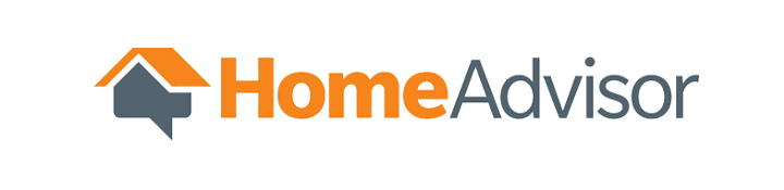The image shows the logo for homeadvisor, featuring a stylized house icon with a speech bubble element, in a color palette of orange and grey, next to the text 'homeadvisor'.