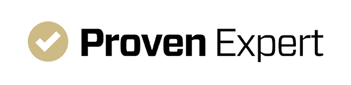 Logo of "proven expert" featuring a minimalist design with a golden checkmark inside a circle next to bold, black text.