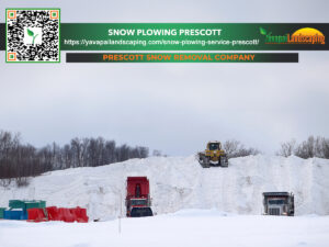 Snow removal operations in action, with heavy machinery managing a large pile of snow, under the promotional banner of prescott snow removal company.