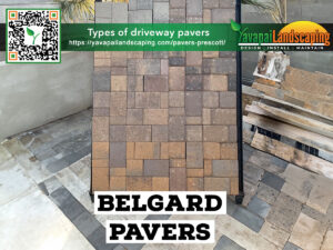 Various colored belgard pavers displayed for landscaping and driveway design options, with a landscaper's contact information and qr code for further details.