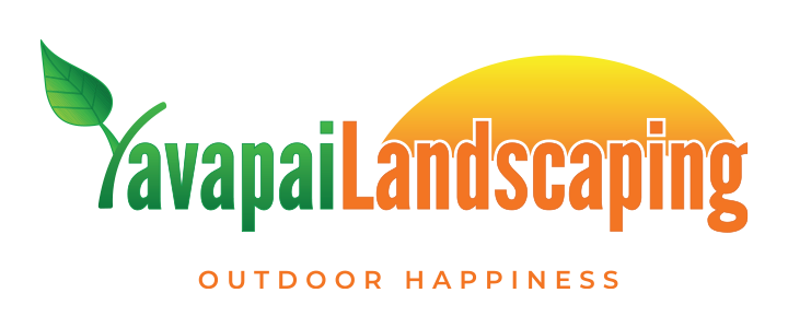 A vibrant logo for "yavapai landscaping" featuring stylized text, a green leaf, a setting sun, and the tagline "design | install | maintain outdoor happiness".