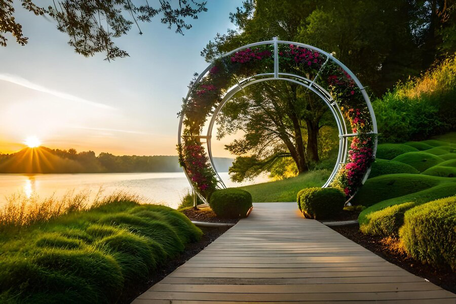 A picturesque garden path leading to a beautifully adorned floral archway, transformed from concept to reality, with the tranquil lake and the warm glow of the sunrise in the background creating a serene and enchanting atmosphere