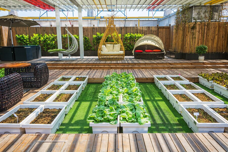A vibrant Prescott landscaping oasis featuring raised vegetable beds, comfortable seating options, and a cozy hanging chair, offering a perfect blend of relaxation and urban agriculture.