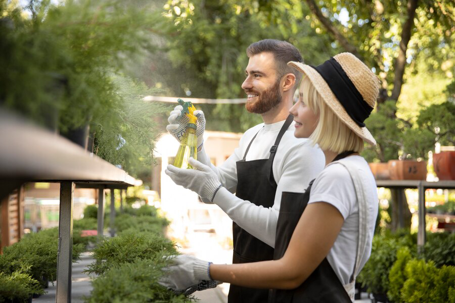 A happy couple elevating their curb appeal by tending to plants at a garden nursery, with the man spraying water on a small potted tree while the woman assists, both wearing aprons and enjoying